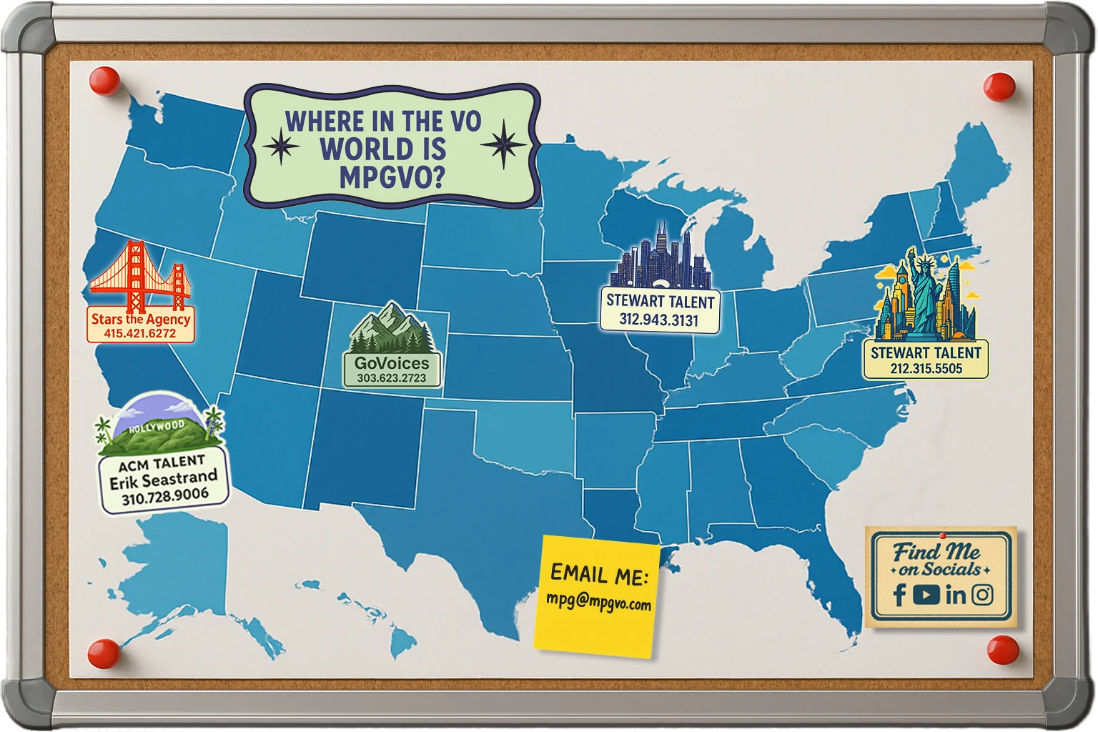 U.S. map with agency contact info for voice actor Michael P. Greco, including Stars the Agency, ACM Talent, GoVoices, and Stewart Talent in Chicago and New York.